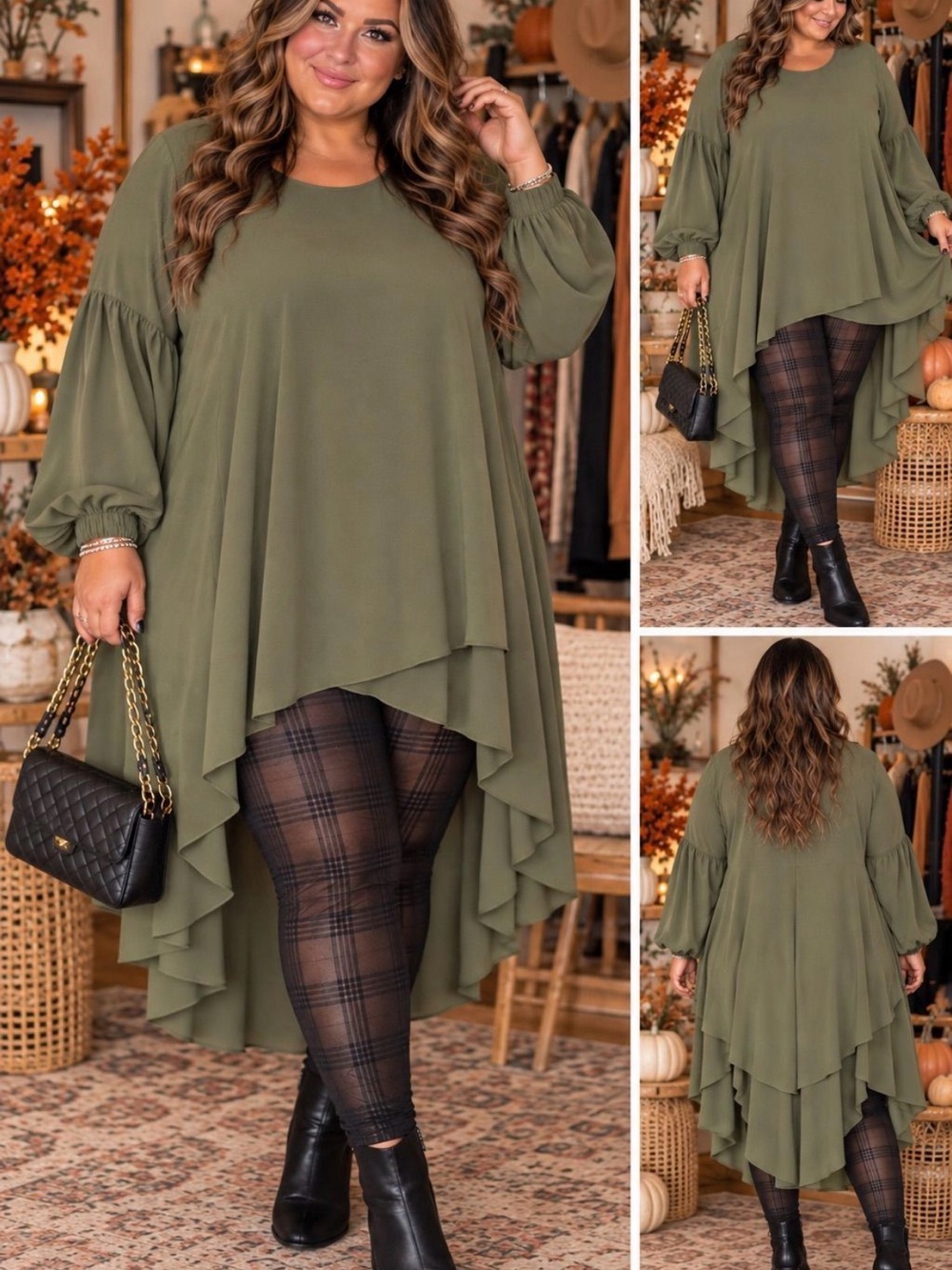 Plus-Size Olive Green High-Low Layered Tunic Dress